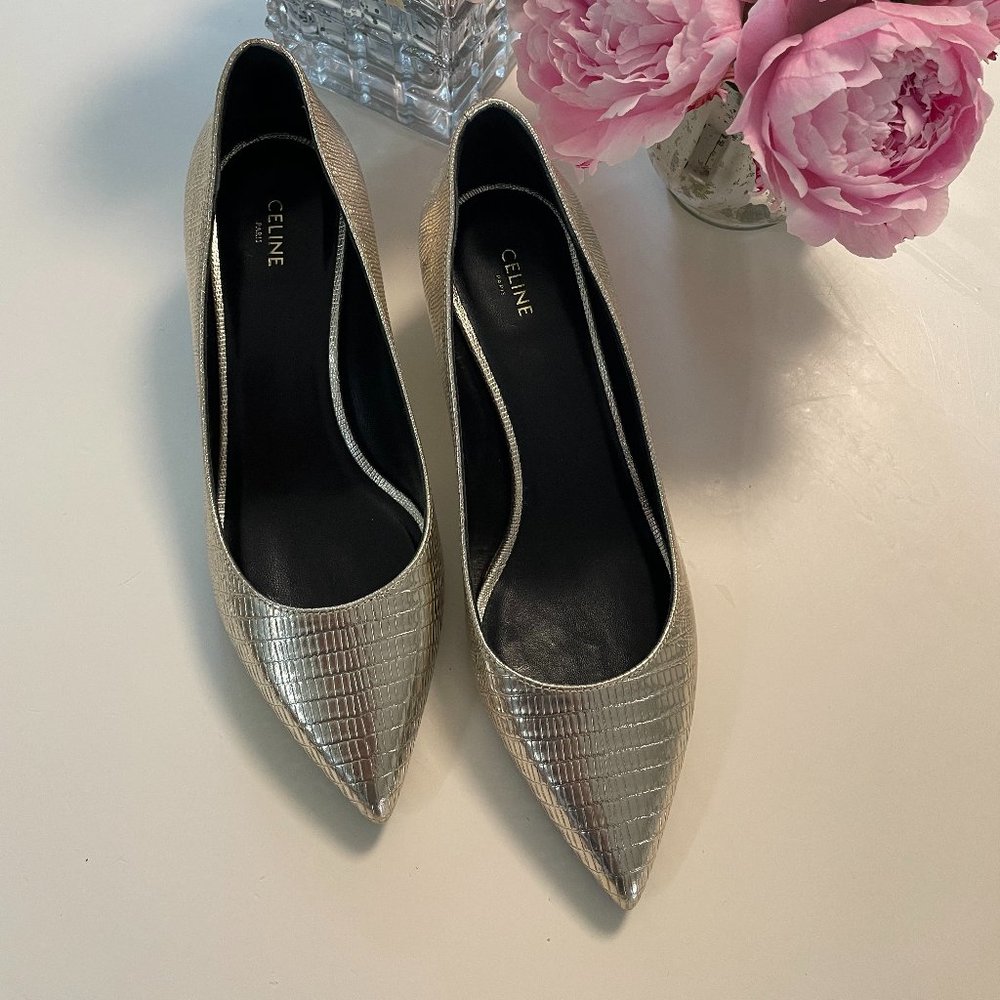 Celine- Metallic Kitten Heel Snakeskin Pump- Size 36.5 - Gem